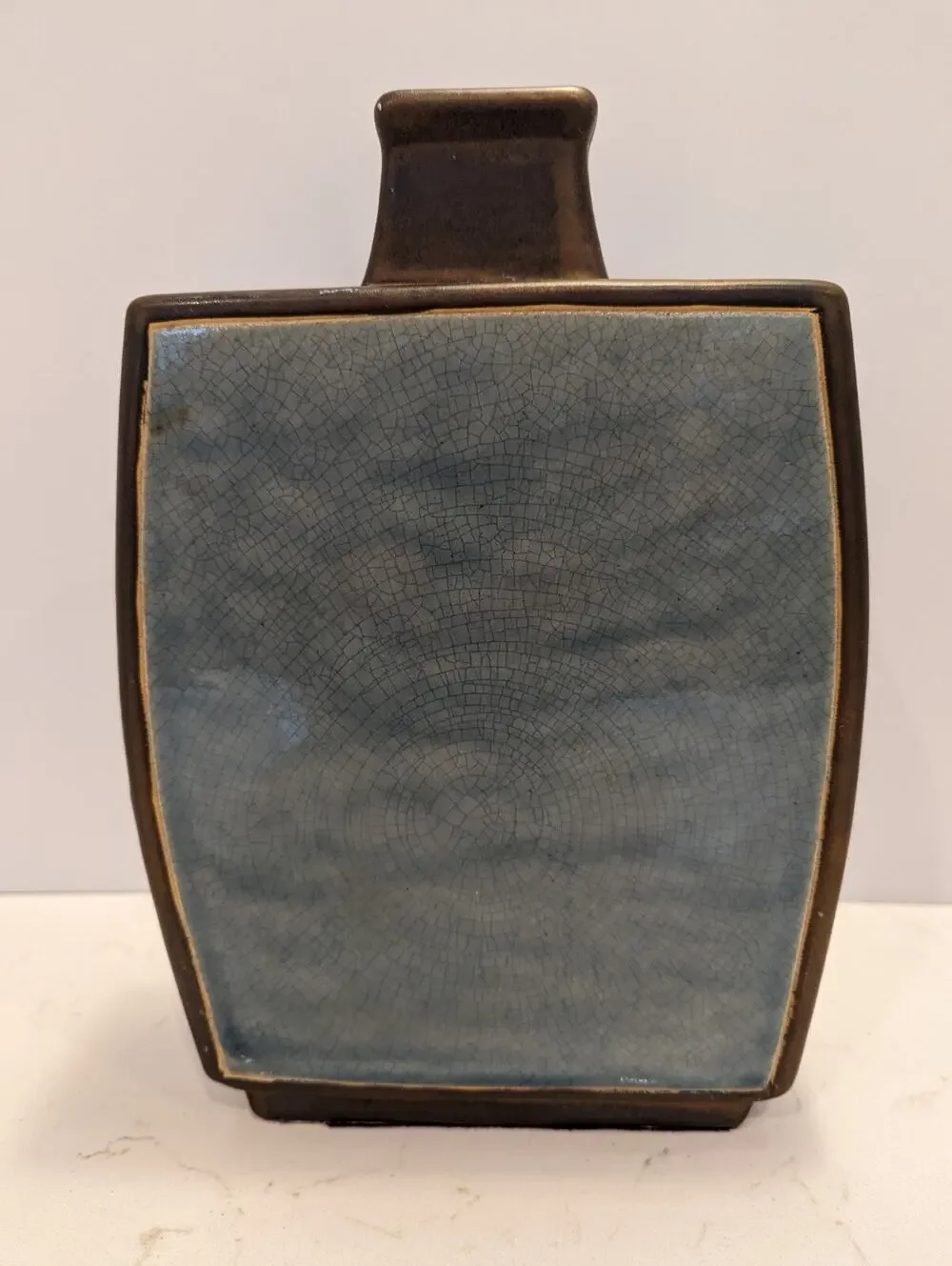 Vase Blue Bronze Thin Rectangle Shape With Thin Neck Crackle Tile Glaze